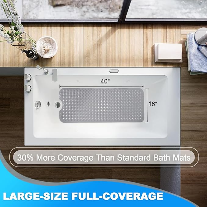 Linoows Bathtub and Shower Mats, 40x16 Inch Extra Large Non Slip Soft Bath Tub Mat with Suction Cups and Drain Holes for Bathroom Floor and Keep Tubs Clean, Machine Washable, Gray