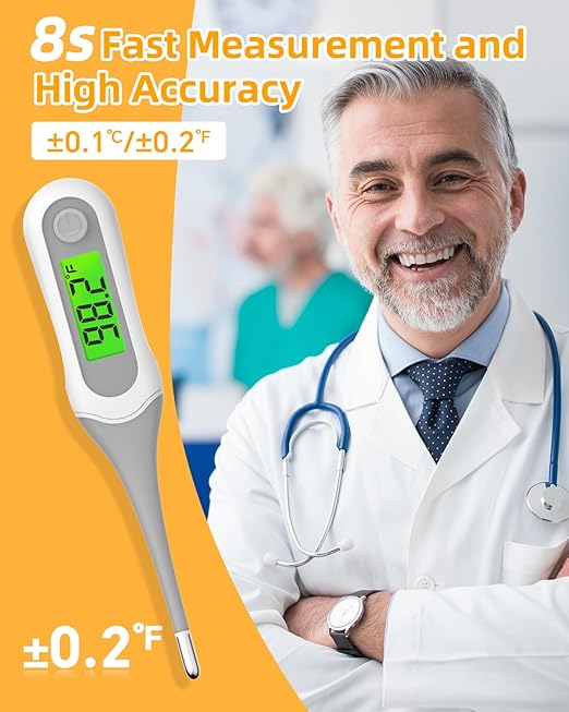 8 Seconds Digital Oral Thermometer for Adults and Kids, Accurate & Safe Baby Thermometer with Fever Alarm, 3 Backlits Display, Flexible Tip, Medical Basal Thermometer for Rectal, Underarm