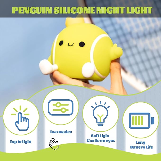 Tennis Nursery Night Light,LED Squishy Silicone Lamp,2 Levels Dimmable Bedroom Nightlight for Kids,Touch Light,Dorm Decor lamp,Baby Boys Girls Gifts (Tennis)