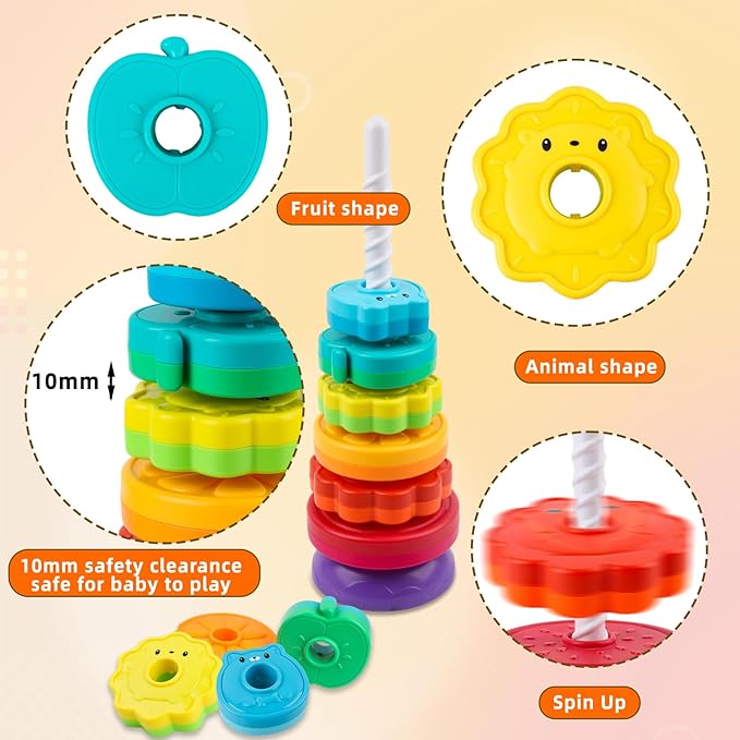 Spinning Stacking Toys for Babies 12+ Month Rainbow Ring Flowers Animals Fruits Theme Stacker ABS Toys for Toddlers 1-3 Montessori Educational Learning Sensory Toy,Stacking Toy for Kids