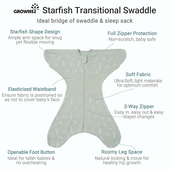 GROWNSY Transitional Swaddle Sleep Sack 6-12 Months, Starfish Design Baby Swaddle Sack, Dual-Zipper for Easy Diaper Changes, Proper Hip Development & Openable Foot Button, 19-27 lbs, Green