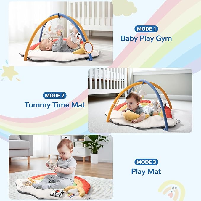 Baby Gym Play Mat with 6 Detachable Toys, Tummy Time Mat for Floor, Promote Motor Skills & Sensory Development Mat for Infant, Washable Baby Activity Mat, Easy to Install, Baby Essentials Gift-Rainbow