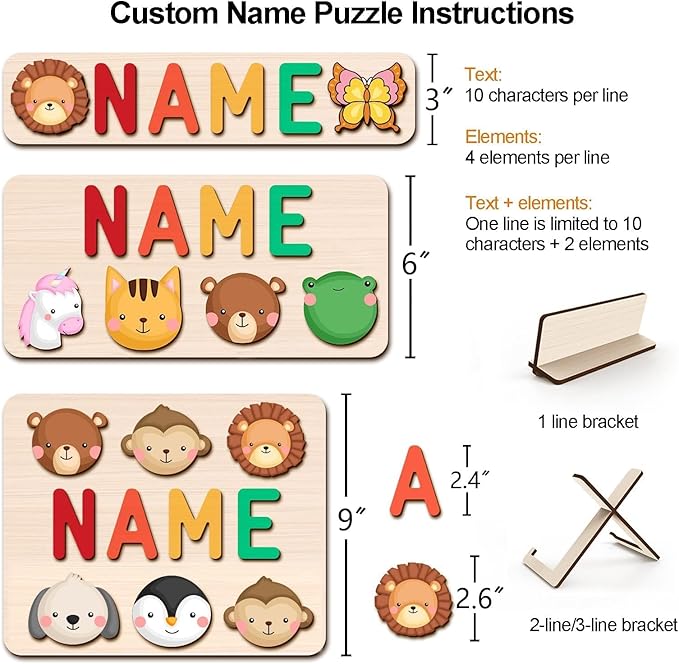 Personalized Name Puzzle for Kids Engraved Text Greetings on Back Custom Wooden Name Signs with Pegs for Baby Boy & Girl 1 Year Old Nursery Gifts Educational Toys Toddler Puzzles for Newborn
