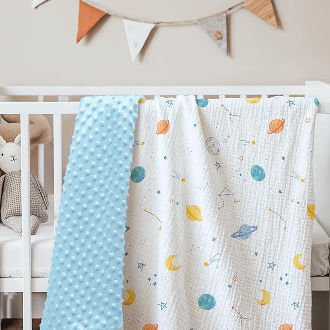Outer Space Baby Blankets for Boys, Soft Nursery Minky Blankets with Muslin and Dotted Fleece Back 30x40 inches, Receiving Bed Quilt for Newborn, Infants, Toddlers