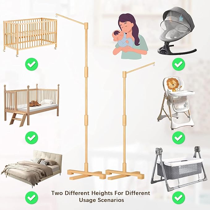 FEISIKE Baby Crib Mobile Arm, 57.4 Inch Mobile Arm for Crib Wooden Nursery Decor Hanger,Holder for DIY Mobile Baby Girl Boy,Hanging Attachment Set Upgrade Floor Stand