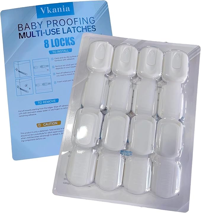 8 Pack Vkania Baby Proofing Cabinet Strap Locks - Child Safety Drawer Cupboard Oven Refrigerator Adhesive Locks - Adjustable Toilets Seat Fridge Latches - Kids Proof Kit - No Drilling