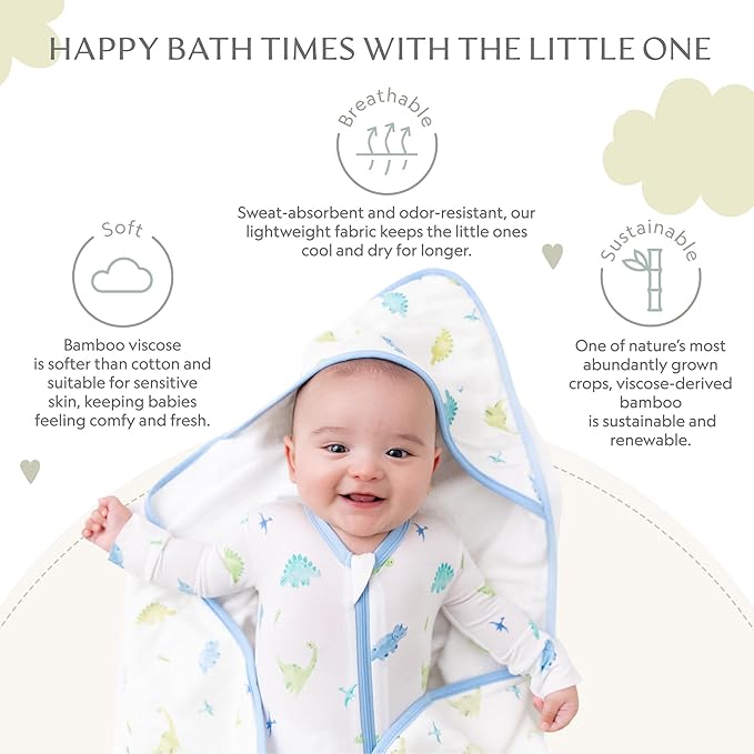 Bamboo Viscose Baby Hooded Towel & Washcloth Set for Babies and Toddlers, Soft & Absorbent, 70% Viscose from Bamboo, 30% Cotton Muslin - Imported (Dinosaur)