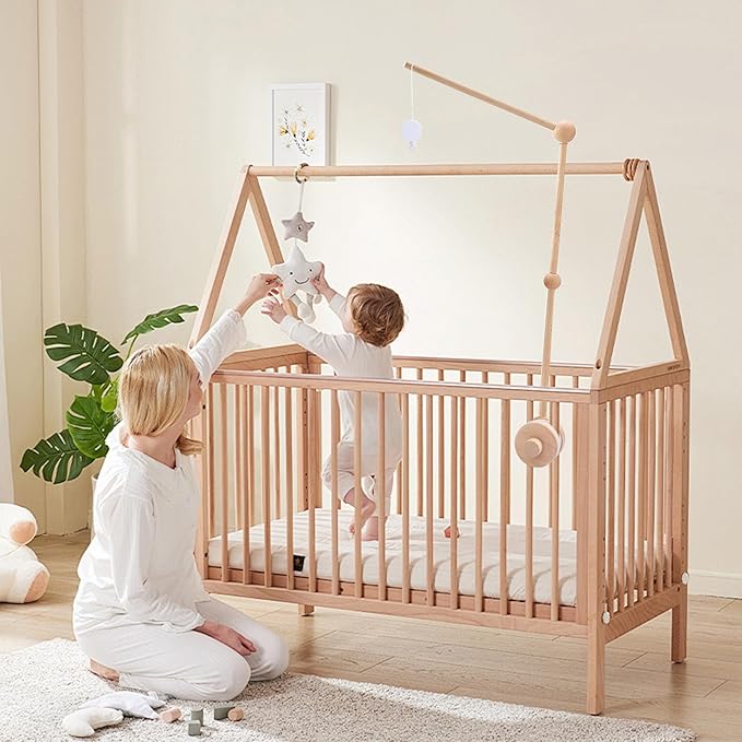Baby Crib Mobile Arm Wooden Holder with Rotating Music Box Nursery Decor Attachment Safe Anti Slip Set for Baby Girls Boys Nursery Decor