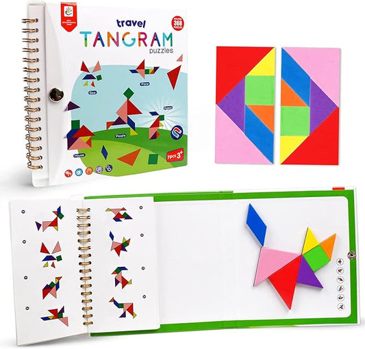 USATDD Travel Tangram Puzzle With 2 Set, Magnetic Pattern Blocks Road Trip Games Educational Jigsaw Challenge Books For Kid Adult Brain Teasers With 368 Solution Montessori Travel Toys For Kids In Car