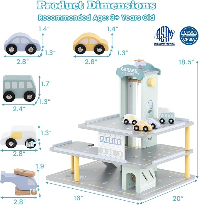 Costzon Toy Car Garage, Multi-Level Wooden Toy Garage with 4 Cars, Helicopter, Gas & Charging Station, Ramp & Working Elevator, Parking Garage for Toy Cars, Pretend Play Gift for Kids Toddlers 3+