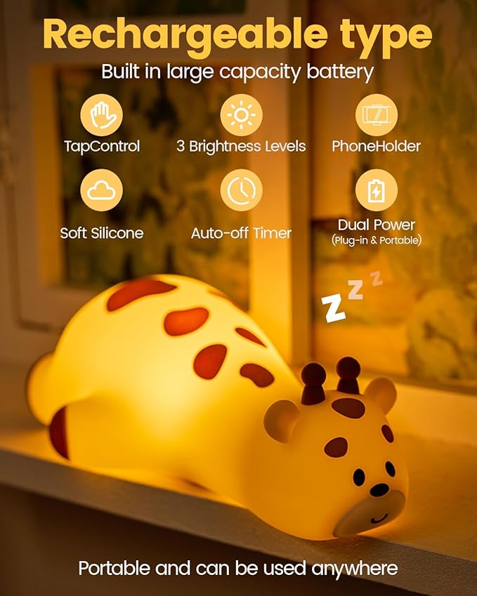 Kids Night Light Giraffe, Silicone Tap Control Bedside Lamp with Time Auto-Off, Cute Portable LED Nursery Light for Baby, Toddler, Bedroom