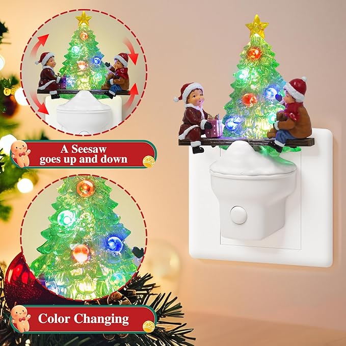 2 Pack Christmas Night Light Plug into Wall Nightlight with USB/Outlet Options, Christmas Tree Decorative Night Light for Bedroom Kitchen Nursery Holiday Decorations Gifts (Seesaw)