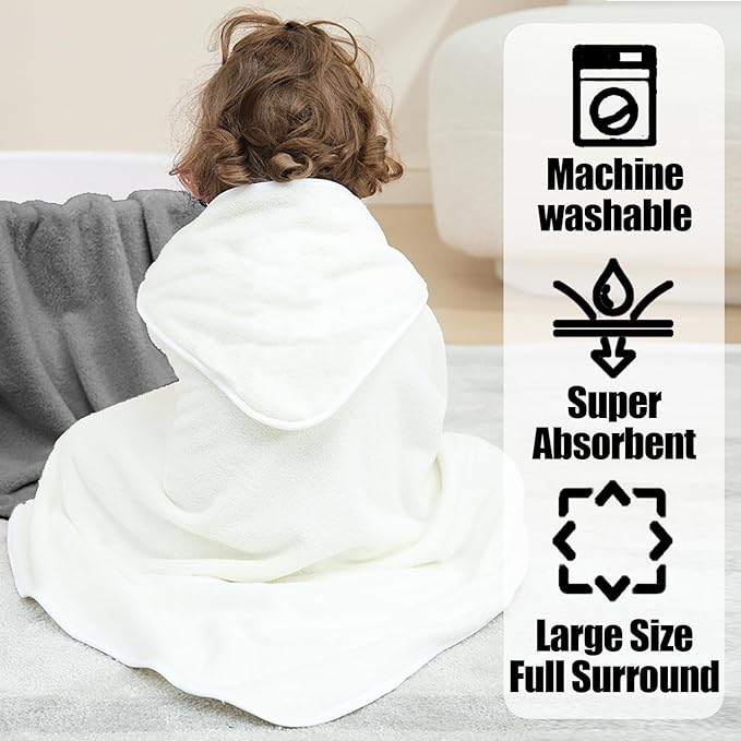 Hooded Baby Towels for Newborn 2 Pack,Extra Large 37.4 * 37.4Inch,Baby Essentials,Soft and Absorbent Hooded Towels for Babies,Toddler,Infant Bath Towel for Boy Girl,Grey and White.