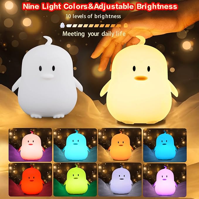 WHA&DARREN Penguin Night Light for Kids, Children Lamp Portable Rechargeable Silicone Baby Night Light, Remote Controlled Children's Animal Lamp Kawaii