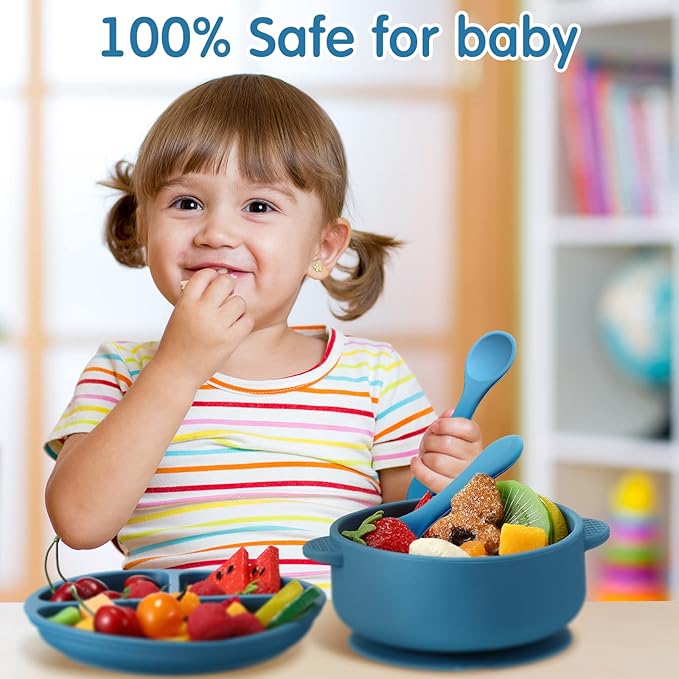 Chengu 12 Pcs Silicone Bowl with Suction Set for Baby Toddler with Suction Plate, Spoon and Fork, Divided Design Baby Feeding Utensils Weaning Kit, Dishwasher and Microwave Safe