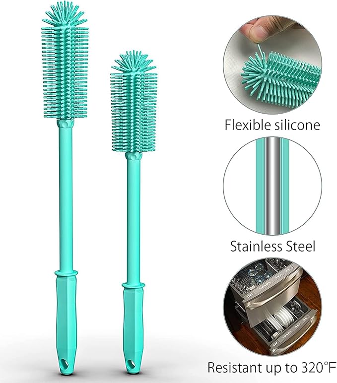 Long Silicone Bottle Cleaning Brush | 2 Pack| 16”+13”Water Bottle Brush Cleaner Brush for Hydro Flask,Glassware,Vacuum Sports Bottle&Vases,Silicone Water Bottle Cleaner Brush for Narrow Neck