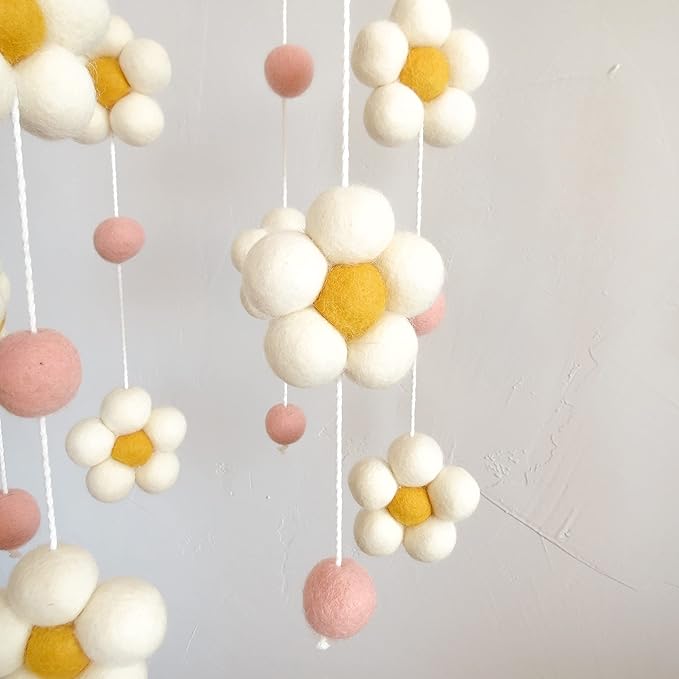 Daisy Mobile for Crib Boho Baby Crib Mobile for Girls Pink Felt Flower Baby Mobile for Crib