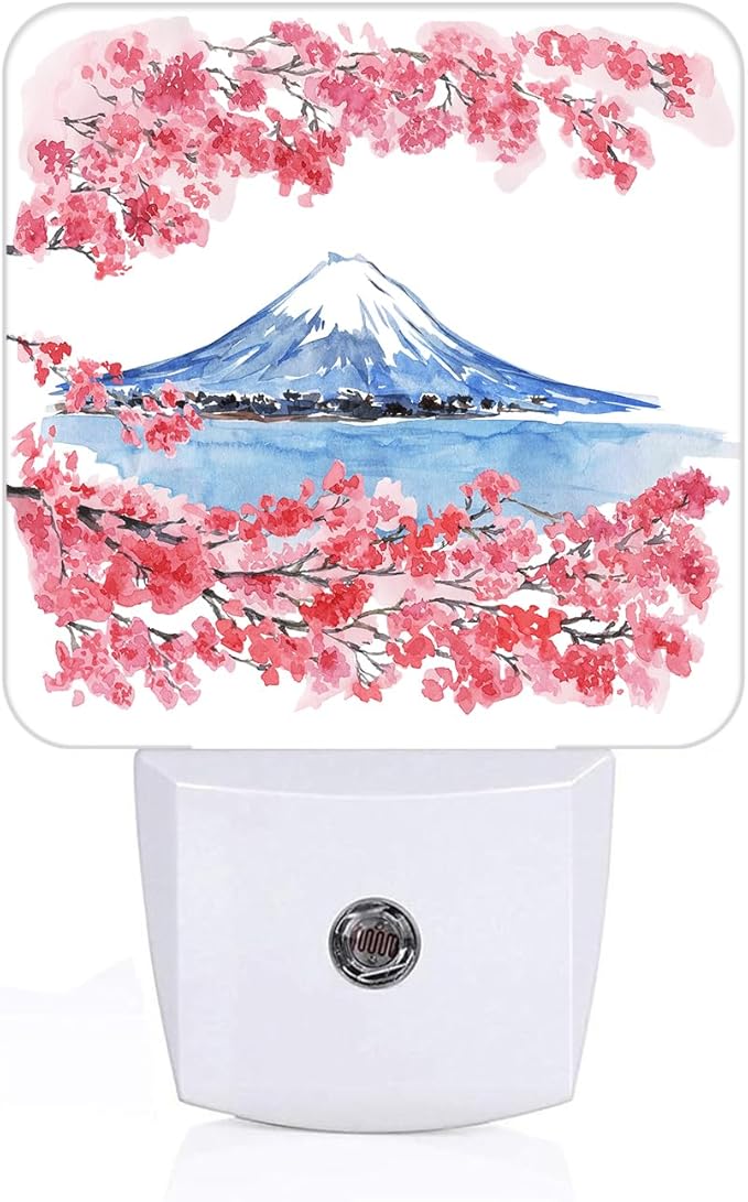 Cherry Blossoms Mount Fuji Night Light,Plug-in Night Lights with Dusk-to-Dawn Sensor for Stairway,Hallway,Bedroom Sleep Friendly Ideal for Women/Girls/Boys Gift,0.5w