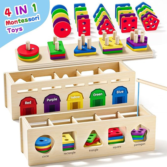 Montessori 4 in 1 Wooden Sorting Shape Sorter and Stacking Toy Box Color Matching Counting Fishing Game Preschool Educational Toys for 3 Years Boys and Girls Gifts