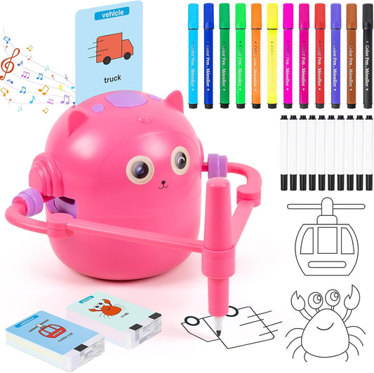 Drawing Robot for Kids, Interactive Educational Drawing Robot, Magic Painting Robot Toy with 100 Word Cards & 16 Color Pens for Girls and Boys Age 3+ (Pink)
