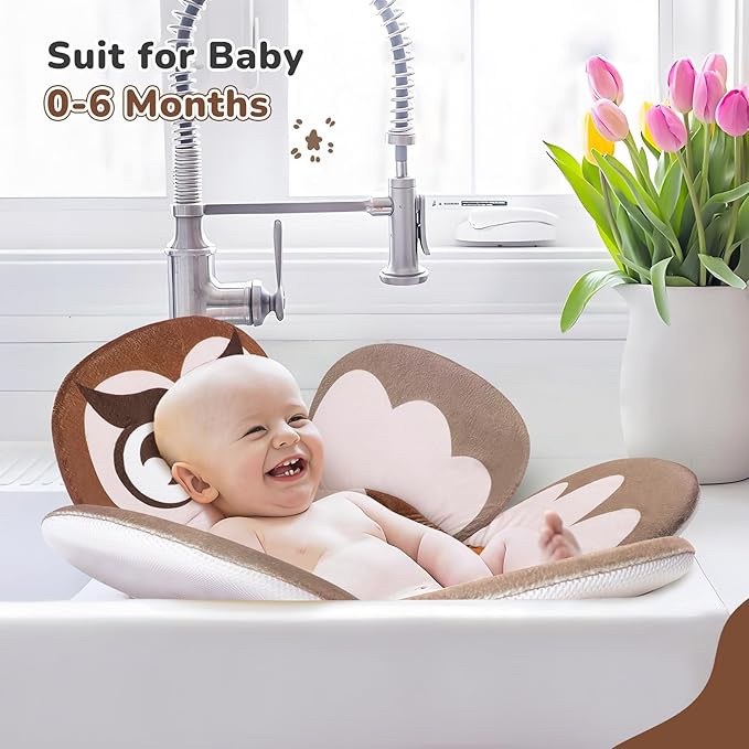 Baby Bath Pad for Infant Bathtub Sink, Non-Slip Flower Bathtub for Infants 0-6 Months, Soft Baby Sink Bath Cushion for Babies Bath Time, Newborns Bath Essentials Must Haves-Owl