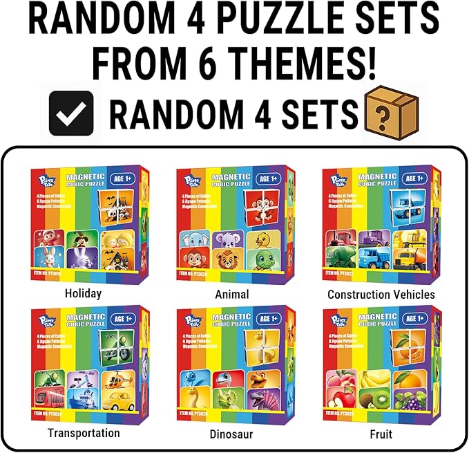 Random 4 Sets of Magnetic Blocks for Toddlers, 4 Packs Total 16 PCS & 24 Patterns, Magnetic Puzzles for Kids 1-3, Preschool Learning Classroom Must Haves Puzzle Toys