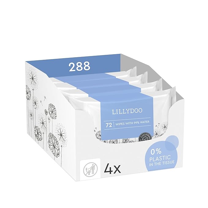 LILLYDOO Baby Wipes with 99% Water – Unscented, Hypoallergenic, Plant-Based, Strong & Plastic-Free, Compostable, 4 resealable Packs x 72 (288 Wipes Total)
