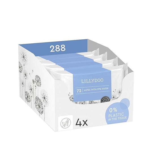LILLYDOO Baby Wipes with 99% Water – Unscented, Hypoallergenic, Plant-Based, Strong & Plastic-Free, Compostable, 4 resealable Packs x 72 (288 Wipes Total)