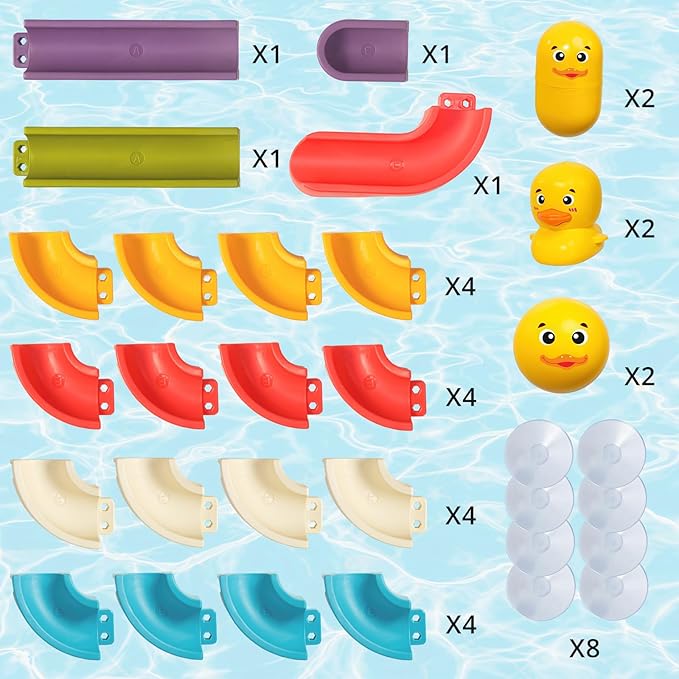 Duck Slide Bath Toys for Kids Ages 4-8, Wall Track Building Set 3+ Year Old, Fun DIY Kit Bathtub Time Birthday Gift for Toddler Boys & Girls (34 PCS)