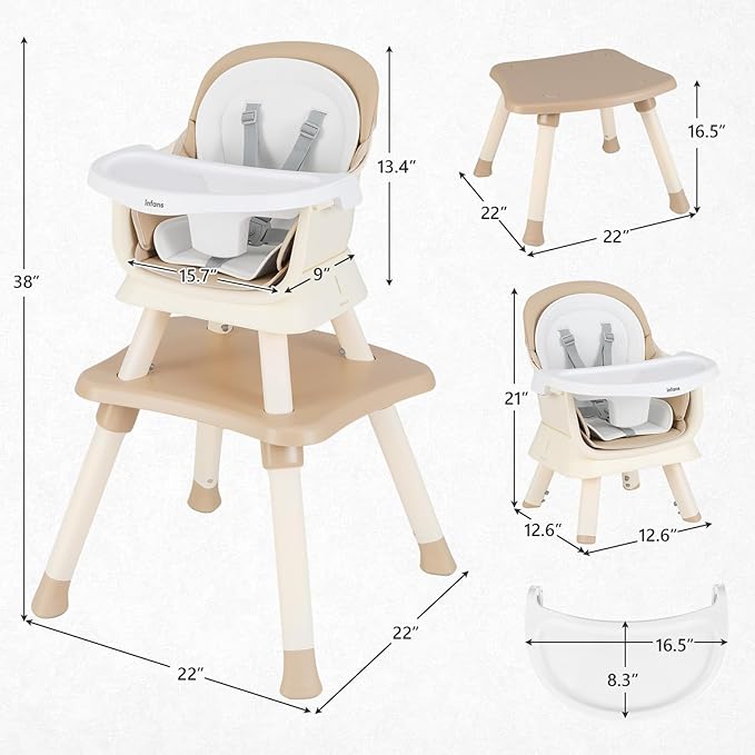 INFANS 8 in 1 Baby High Chair, Convertible Highchair for Babies and Toddlers, Infant Dining Booster Seat, Building Block Table, Kids Stool Table Chair Set with Removable Tray (8 in 1, Light Brown)