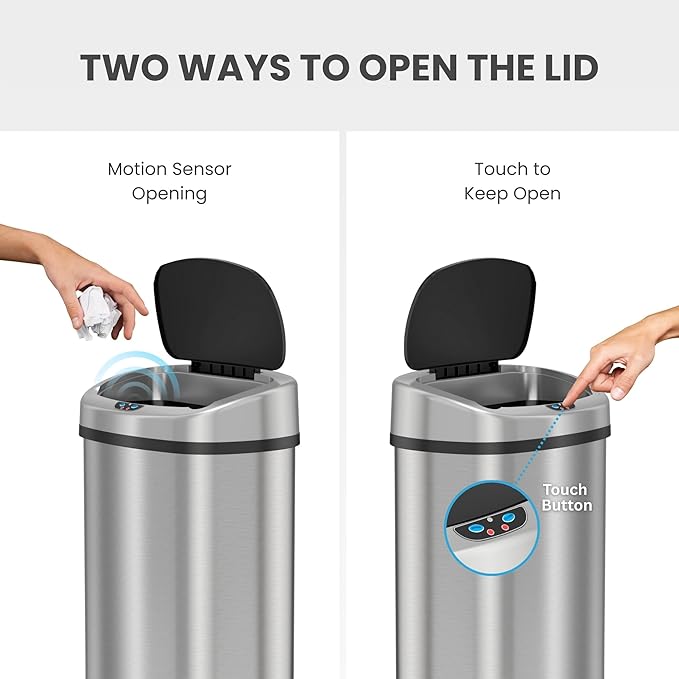 iTouchless 50 Liter / 13 Gallon Stainless Steel Kitchen Trash Can with Sensor 2.0 Tech Touchless Lid and AbsorbX Odor Filter, Oval Slim Space-Saving Automatic Garbage Bin for Home, Office, Business