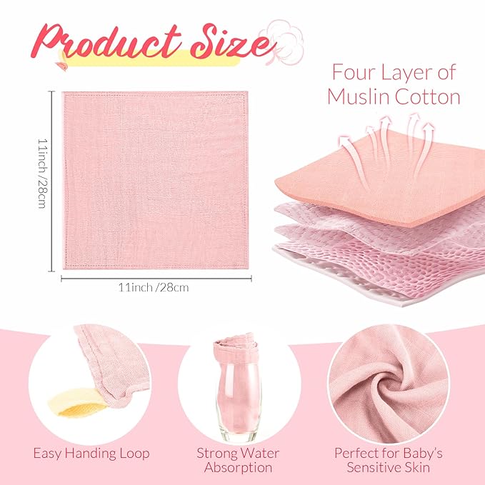 Preboun 6 Pcs Muslin Hooded Baby Towels and Washcloths 32"x 32" Cotton Newborn Bath Towel Anti-Shrink Infant Baby Blankets with Hood 12"x 12" Washcloths for Girl Boy Toddler(Pink,Dark Pink)