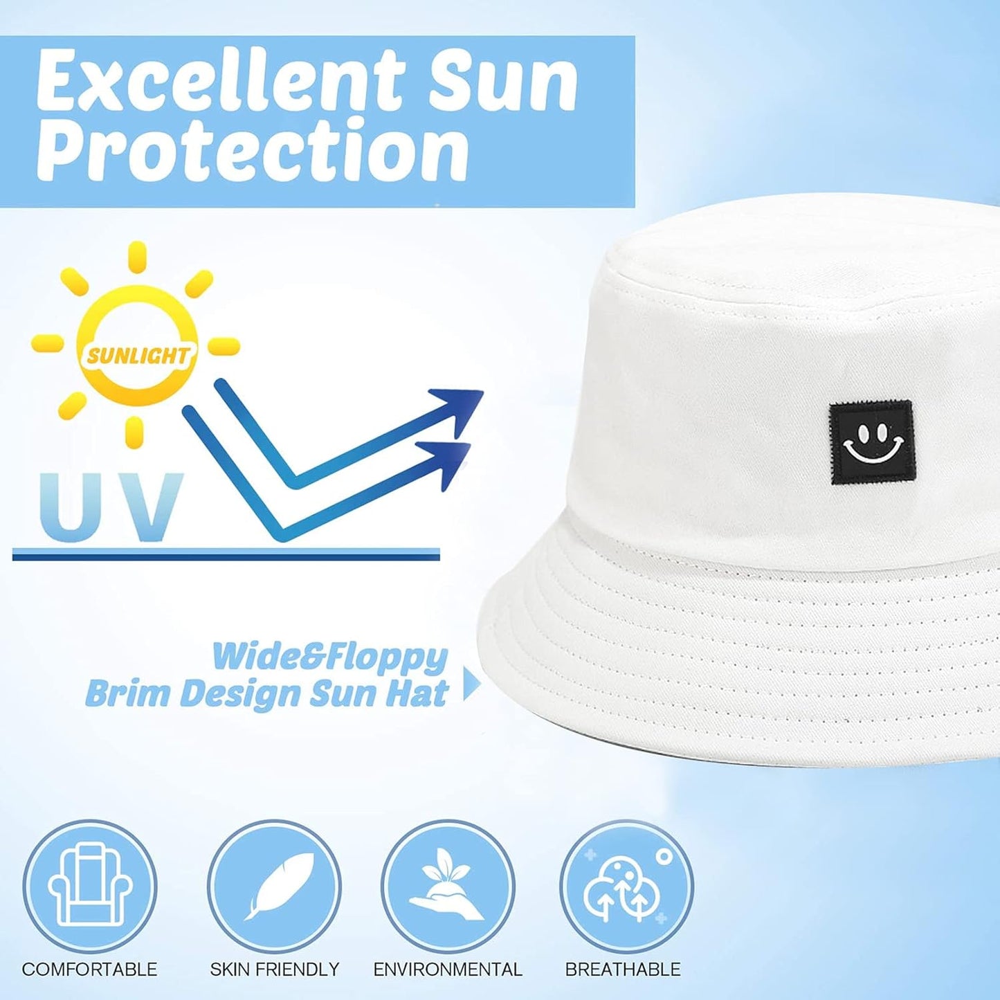 Kids Sun Hat Smile Face Bucket Hat for Girls Boys Summer Sun Protection Cotton Unisex Beach Cap
