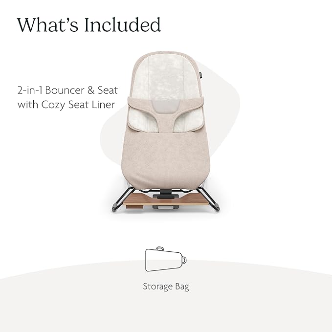UPPAbaby Mira Bouncer/Portable 2-in-1 Bouncer + Seat Grows With Your Baby/GREENGuard® Gold, JPMA + FSC® certified/Cozy Seat Liner + Storage Bag Included/Charlie (Sand Mélange/Black Chrome/Walnut Wood)