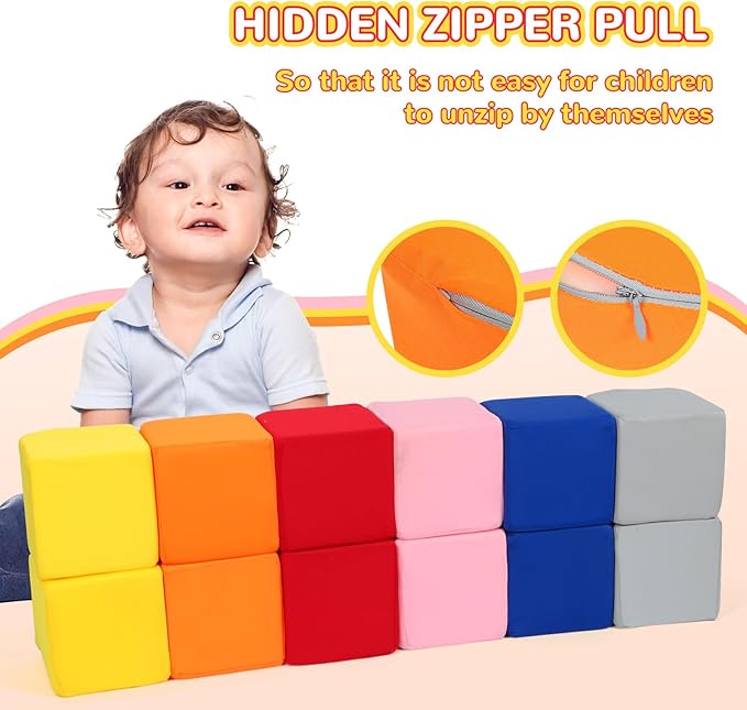 Foam Blocks for Toddlers, 12 Pieces Soft Building Blocks for Kids, Large Foam Cubes Colourful Stacking Block Sets - Throw & Play Toys with Washable Cover(Pink, Dark Blue, Yellow, Orange, Red, Gray)
