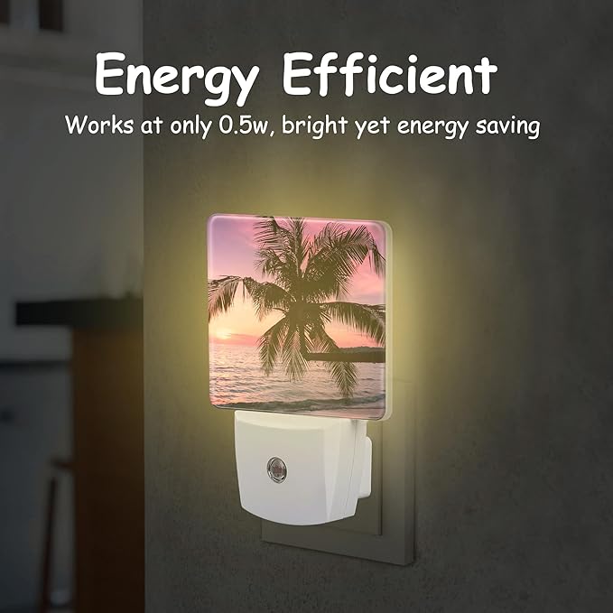 Purple Sunset with Palm Tree Plug Night Light,Tropical Beach Night Light Lamp Auto Sensor Energy Efficient Dusk to Dawn Lights for Girls Boys Women Room Decor,Hallway,Kitchen,Bathroom,Nursery,Stairs