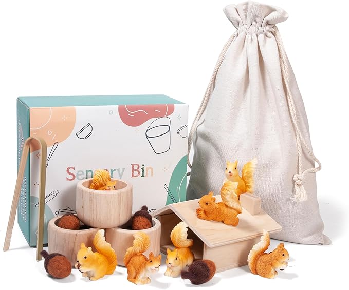 Sorting Stacking Wooden Toys for Toddlers, Squirrel Montessori Toys Toddler Sensory Bin Tool Toy, Wood Squirrel Toy House Fine Motor Skill Early Learning Educational Gift for Kids