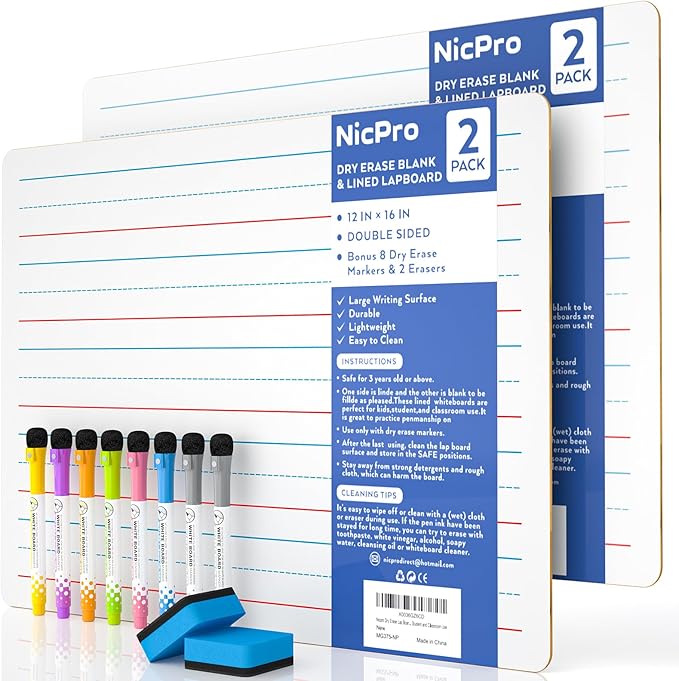 Nicpro Dry Erase Lap Board 12 x 16 inches 2 Pack Ruled Kid Double Sided Blank & Lined Small White Board with 8 Pens, 2 Eraser, Learning Mini Whiteboard Portable for Students Home School Supplies