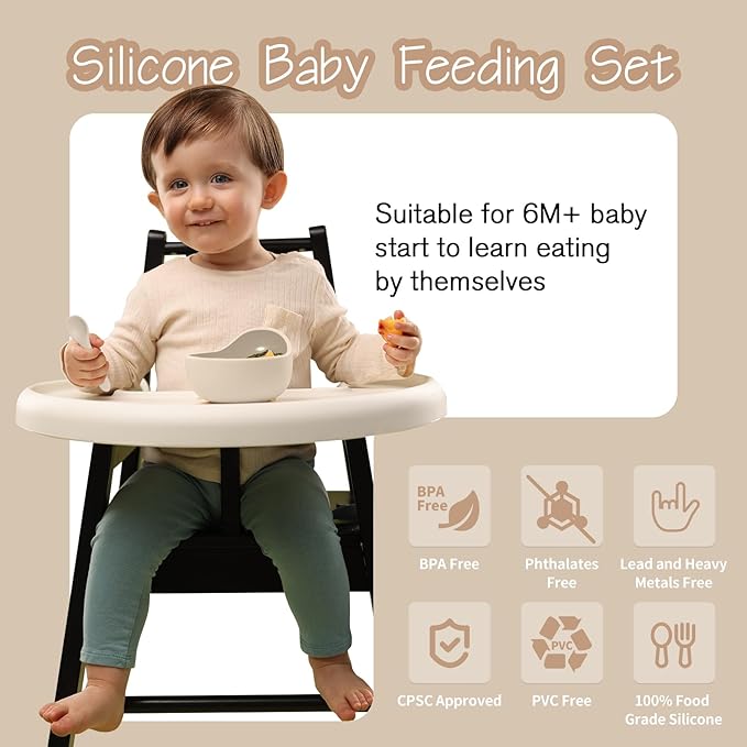 Baby Led Weaning Supplies, 8 Piece BPA-Free Silicone Feeding Set, Silicone Suction Bowl, Forks & Spoons, Bib & Cup, Develops Self Feeding Skills, Dishwasher Safe, for 6+ Months (Beige)