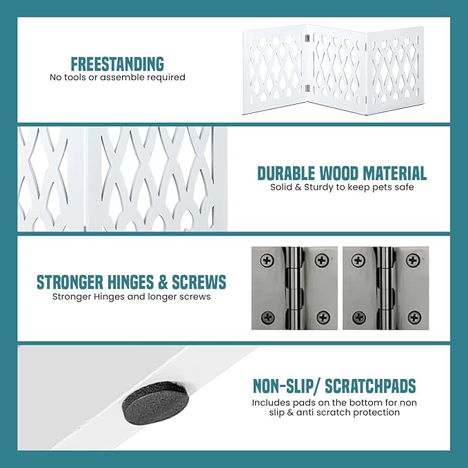 Bundaloo Freestanding Dog Gate Expandable Decorative Wooden Fence for Small to Medium Pet Dogs, Barrier for Stairs, Doorways, & Hallways (Hearts N' Diamonds)