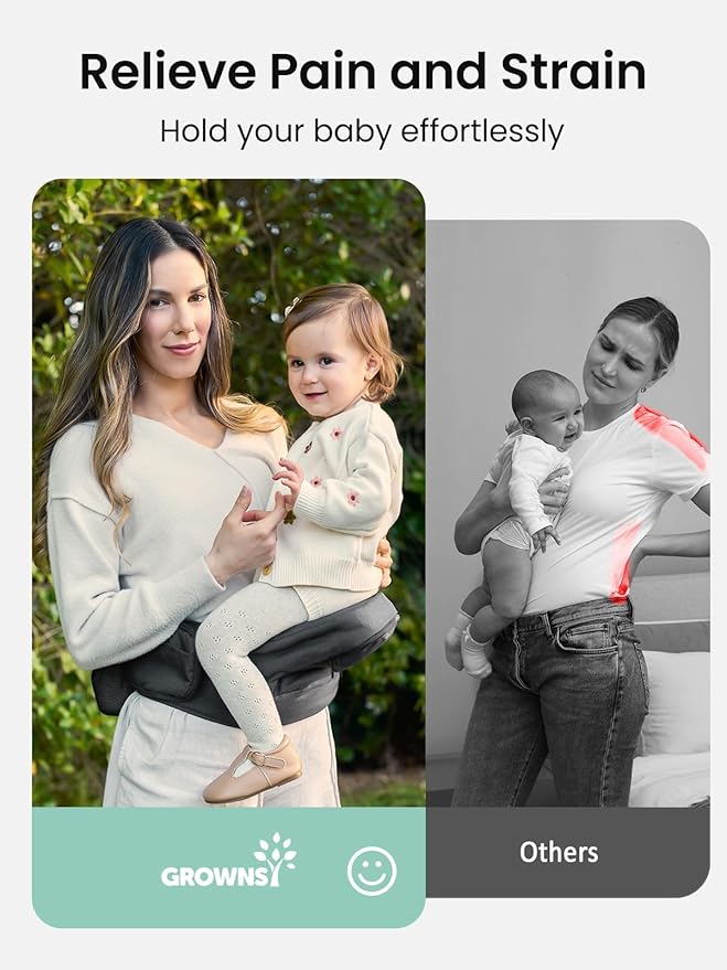 Baby Hip Seat Carrier, GROWNSY Ergonomic Hip Seat Baby Carrier with Multiple Pockets, Adjustable Extended Waistband for Newborns & Toddlers up to 50 lbs, Grey