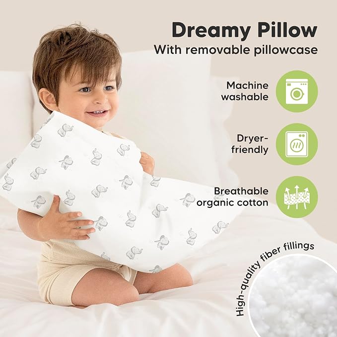 Toddler Pillow with Pillowcase - 13x18 My Little Dreamy Kids Travel Bed Pillows for Sleeping, Organic Cotton Small Pillowcase, Soft & Breathable, Machine Washable, Toddlers 2-5 Years Old (Elly)