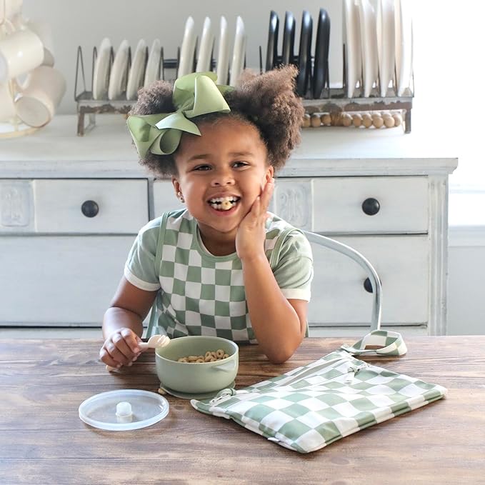 BapronBaby Sage Checkerboard Bapron - No Neck Tie Safer Bib for Baby & Toddler - Soft Waterproof Stain Resistant - Machine Washable - Sz Preschool 3-5yrs