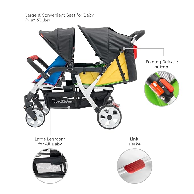 Familidoo H4E Quad Stroller Wagon for Kids, 4-Seater Daycare Baby Stroller with 5-Point Safety Harness, Lightweight & Foldable with All Reclining Seats, Double Canopy & Rain Cover – All-Terrain Wheels