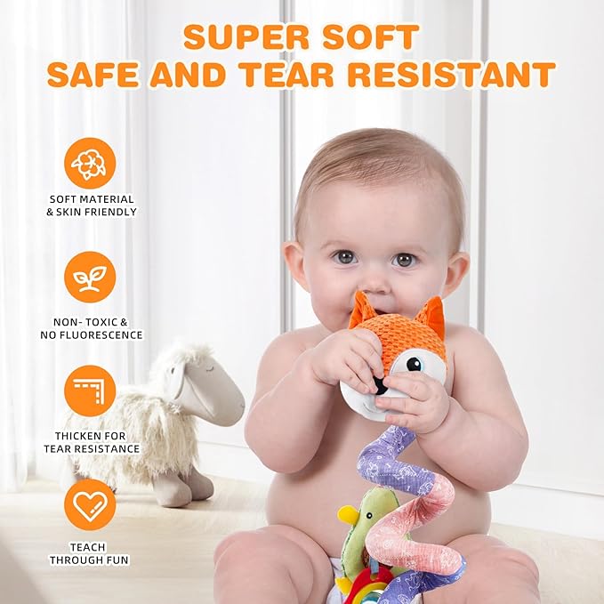 Jollybaby Crib Stroller Car Seat Toys for Baby 0-3-6-9-12 Months, Tummy Time Hanging Sensory Toys for Newborn with Music Box and Teether, Spiral Carseat Toy for Infant Boys Girls Gift (03-Orange Fox)