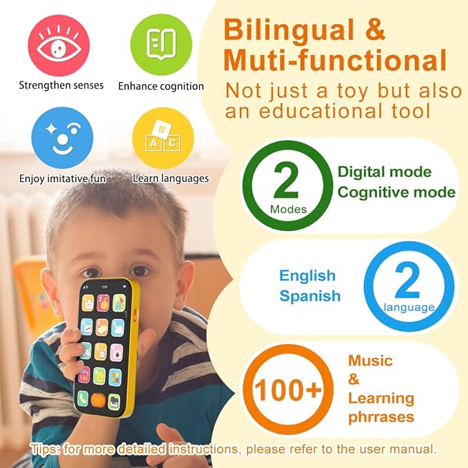Bilingual Baby Phone with Sounds and Light, English/Spanish, Fun Early Learning Kids Smart Phone Toy for 6-12 Months, Gift for 1 Year Old Boys Girls Toddler Infant, Orange