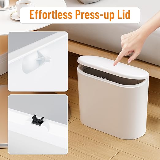 Yieach White 12L Pet/Dog Proof Bathroom Trash Can with Lid,3.17 Gallon Slim Trashcan and Skinny Small Covered Trash Can for Kitchen,Office,RV,Bedroom and Dorm,Plastic Covered Wastebasket,Garbage Can
