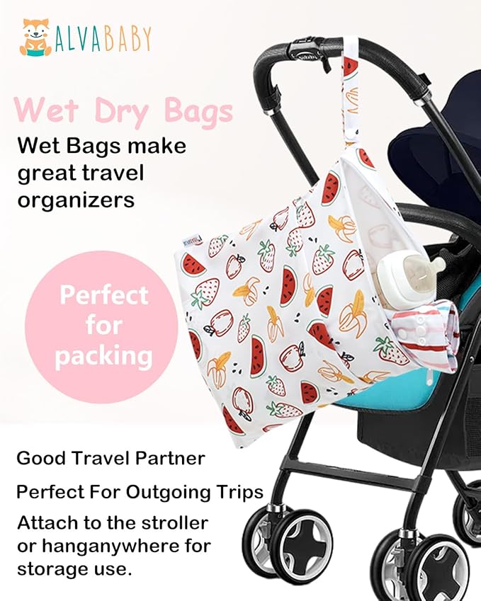 ALVABABY 3 Cloth Diaper Wet Dry Bags Waterproof Reusable with Two Zippered Pockets Travel Beach Pool Daycare Soiled Baby Items Yoga Gym Bag for Swimsuits or Wet Clothes Small Medium Large 3L-ZM27