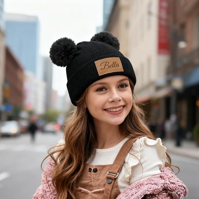 Custom Baby Beanies Personalized Toddler Winter Hats Name Leather Patch Kids Knit Warm Hat for Infant Boys Girls Adult