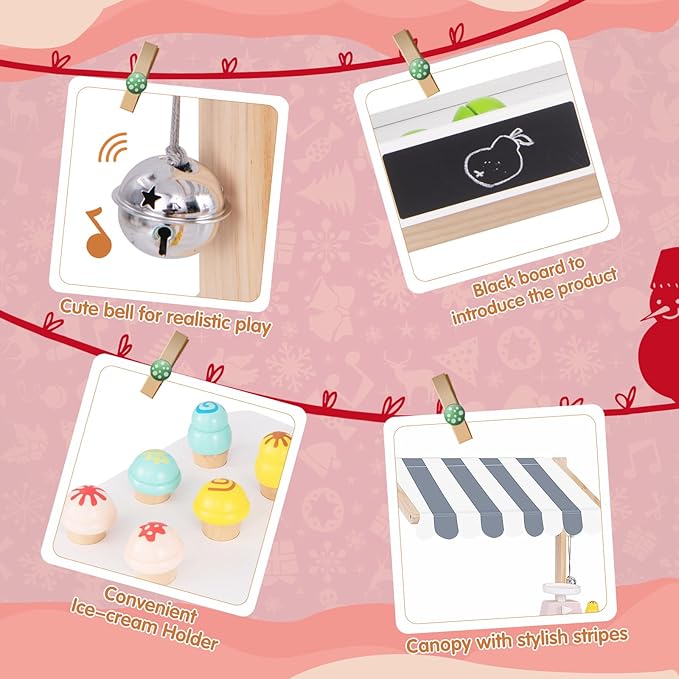 HONEY JOY Kids Ice Cream Cart, Wooden Grocery Store Playset w/6 Pieces Play Food, Realistic Bell & Food Scale, Chalkboard, Pretend Play Dessert Shop Counter Stand Truck, Gift for Boys Girls